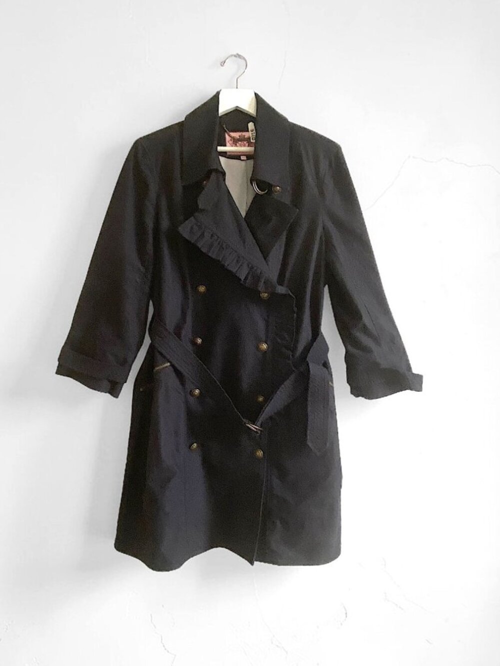 Juicy Couture Ruffle Trench Coat Navy Size XL Belted Y2K Cotton